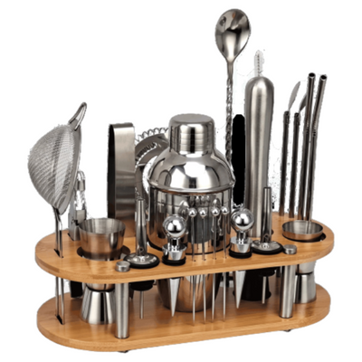23 Piece Mixology And Craft Cocktail Shaker Set With Wooden Stand