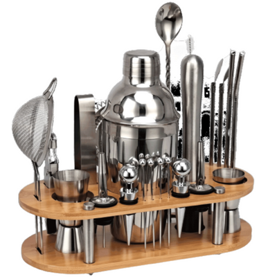 23 Piece Mixology And Craft Cocktail Shaker Set With Wooden Stand