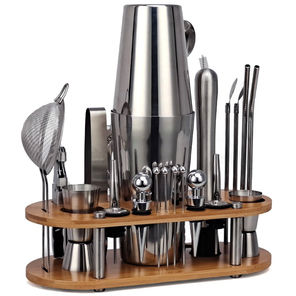 23 Piece Mixology And Craft Cocktail Shaker Set With Wooden Stand