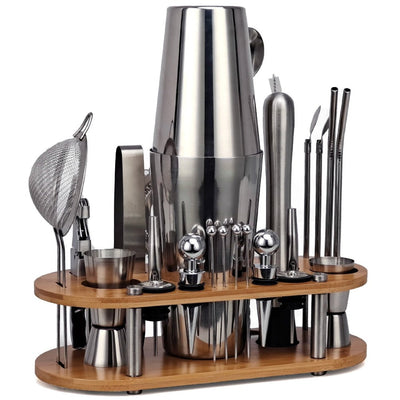 23 Piece Mixology And Craft Cocktail Shaker Set With Wooden Stand